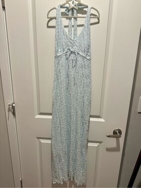 iris Pale Blue Lace Halter Maxi Dress with Tie Waist